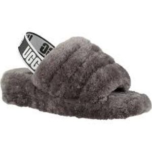 UGG Gray Fluff Slide Slipper with Branded Elastic Backstrap